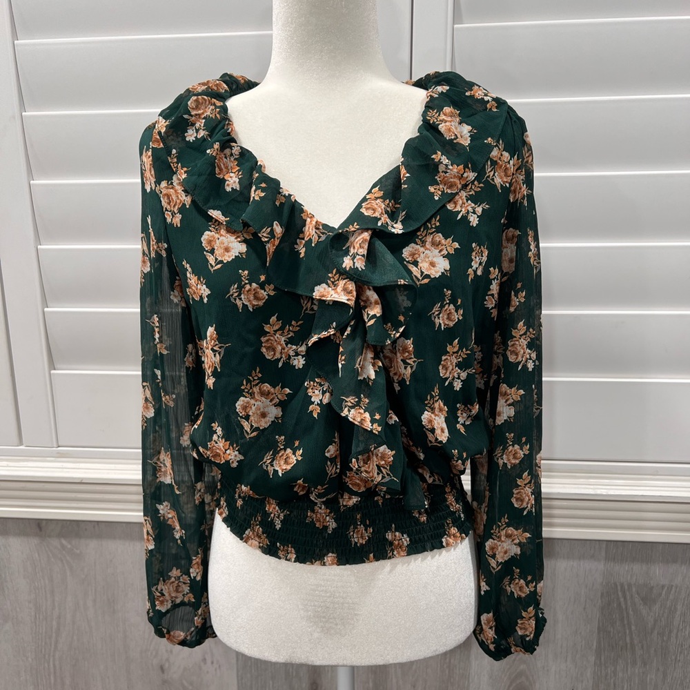 Lush Green Floral Ruffle V Neck Sheer Long Sleeve Smocked Blouse S feminine